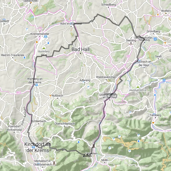 Karttaminiaatyyri "Sierning - Steinbach an der Steyr" pyöräilyinspiraatiosta alueella Oberösterreich, Austria. Luotu Tarmacs.app pyöräilyreittisuunnittelijalla