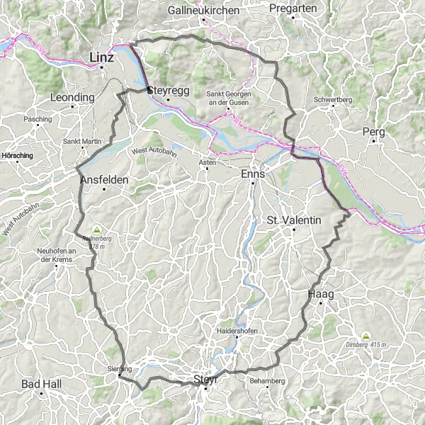 Karttaminiaatyyri "Sierning - Leitnerberg" pyöräilyinspiraatiosta alueella Oberösterreich, Austria. Luotu Tarmacs.app pyöräilyreittisuunnittelijalla