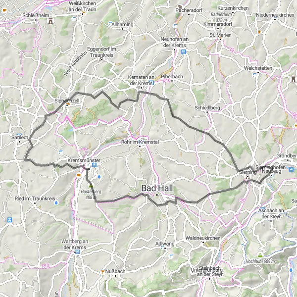 Mapa miniatúra "Okruhová cyklistická trasa Pfarrkirchen - Sierning" cyklistická inšpirácia v Oberösterreich, Austria. Vygenerované cyklistickým plánovačom trás Tarmacs.app