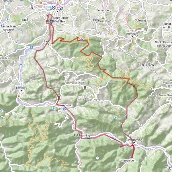 Miniatura della mappa di ispirazione al ciclismo "Esplorazione Gravel tra Colline e Boschi" nella regione di Oberösterreich, Austria. Generata da Tarmacs.app, pianificatore di rotte ciclistiche