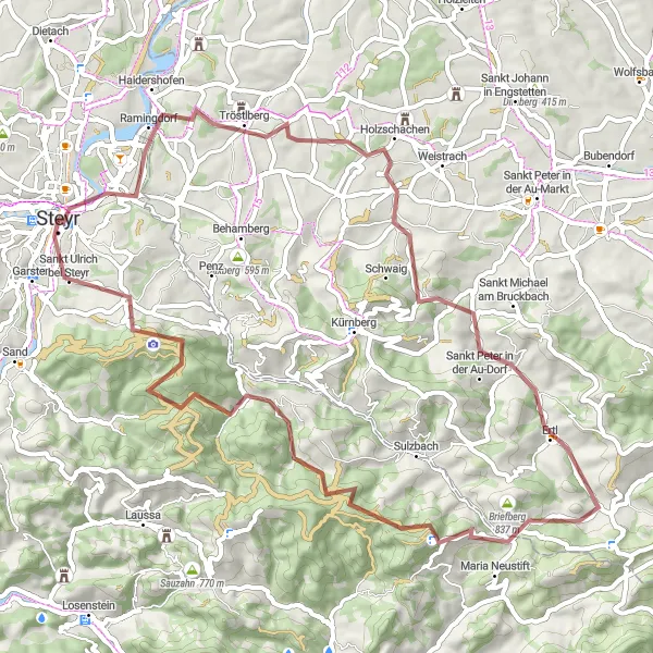 Kartminiatyr av "Grusvägsutflykt till Steyr" cykelinspiration i Oberösterreich, Austria. Genererad av Tarmacs.app cykelruttplanerare