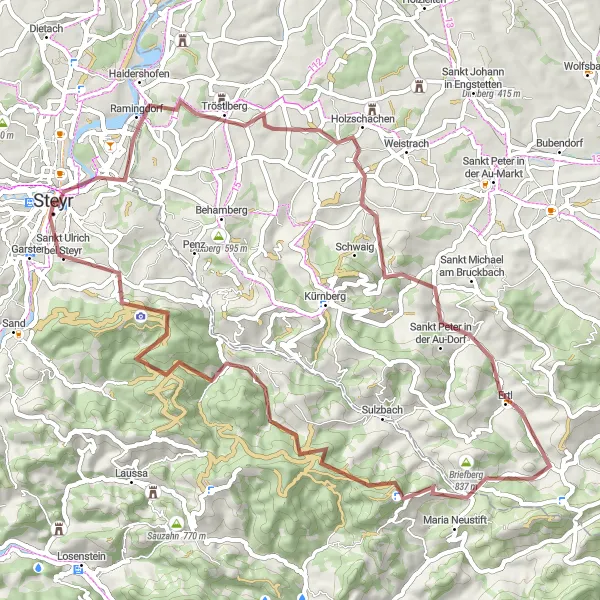 Miniatura della mappa di ispirazione al ciclismo "Esplorazione campestre su strade sterrate" nella regione di Oberösterreich, Austria. Generata da Tarmacs.app, pianificatore di rotte ciclistiche