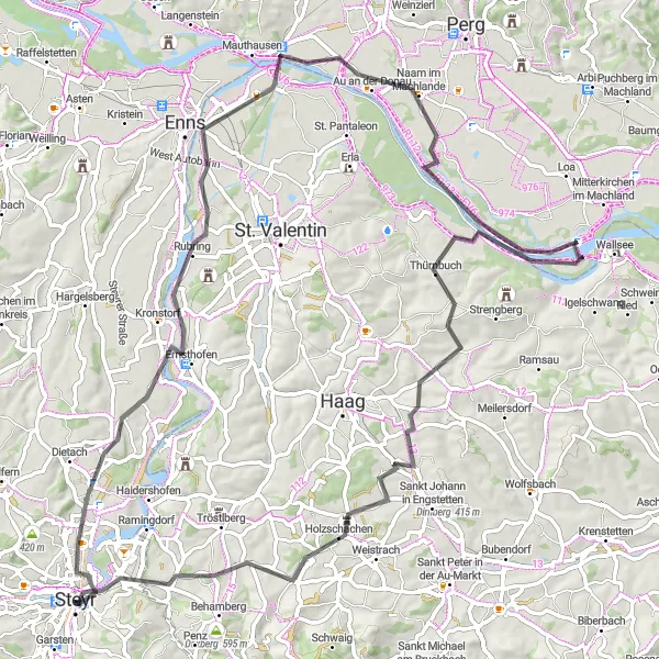 Map miniature of "Machland Route" cycling inspiration in Oberösterreich, Austria. Generated by Tarmacs.app cycling route planner