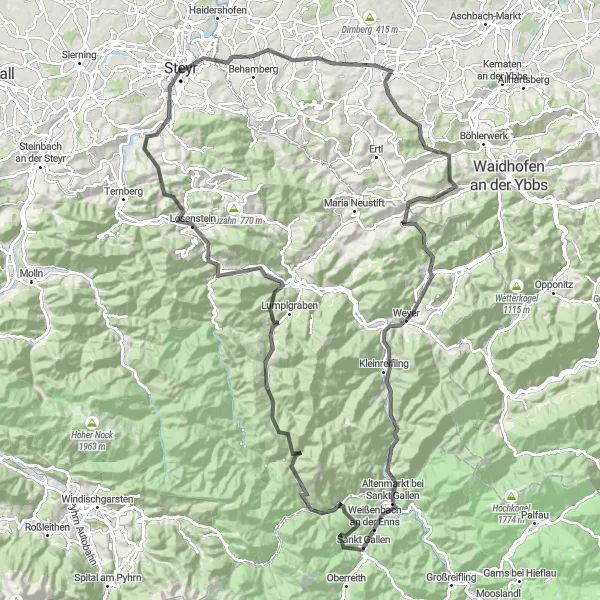 Miniatura della mappa di ispirazione al ciclismo "Tour impegnativo tra montagne e storia" nella regione di Oberösterreich, Austria. Generata da Tarmacs.app, pianificatore di rotte ciclistiche