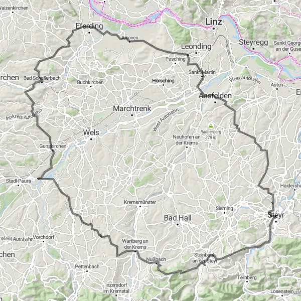 Zemljevid v pomanjšavi "Kolesarska pot okoli Steyra" kolesarske inspiracije v Oberösterreich, Austria. Generirano z načrtovalcem kolesarskih poti Tarmacs.app