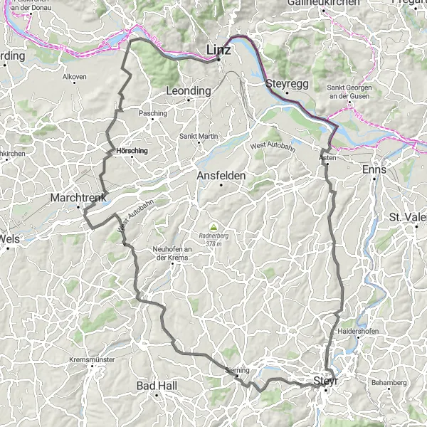 Miniatura della mappa di ispirazione al ciclismo "Avventura Ciclistica tra Paesaggi e Castelli" nella regione di Oberösterreich, Austria. Generata da Tarmacs.app, pianificatore di rotte ciclistiche