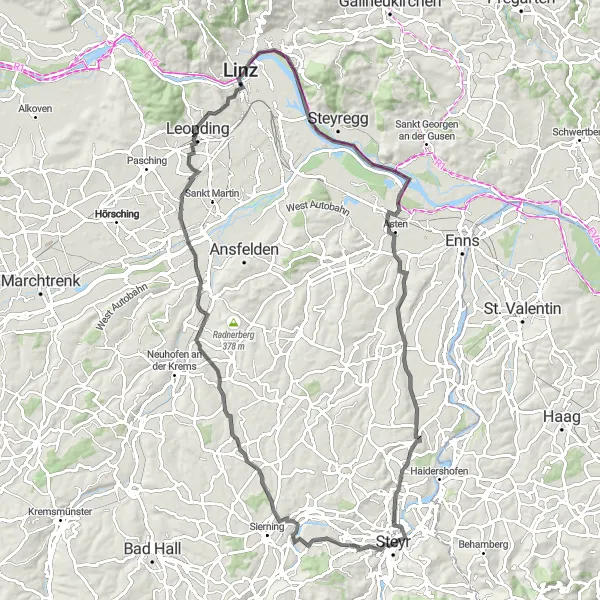 Miniaturní mapa "Jízda na kole kolem Steyru - Christkindl - Leonding - Linz - Luftenberg - Schloss Tyllisburg - Tabor - Steyr" inspirace pro cyklisty v oblasti Oberösterreich, Austria. Vytvořeno pomocí plánovače tras Tarmacs.app