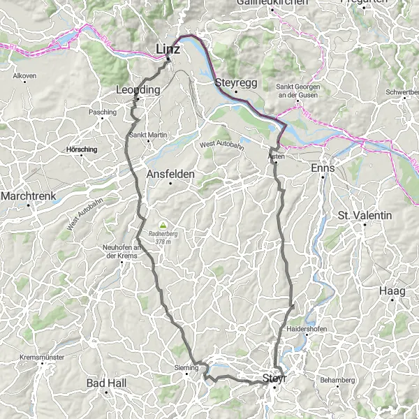 Karten-Miniaturansicht der Radinspiration "Steyr und Umgebung per Roadbike" in Oberösterreich, Austria. Erstellt vom Tarmacs.app-Routenplaner für Radtouren