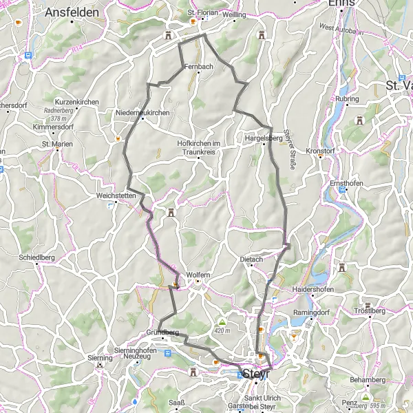 Miniature de la carte de l'inspiration cycliste "Le Tour des Villages autour de Steyr" dans la Oberösterreich, Austria. Générée par le planificateur d'itinéraire cycliste Tarmacs.app