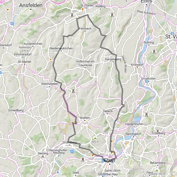 Kartminiatyr av "Steyr - Neutor - Christkindl - Niederneukirchen - Hargelsberg - Tabor - Steyr" cykelinspiration i Oberösterreich, Austria. Genererad av Tarmacs.app cykelruttplanerare