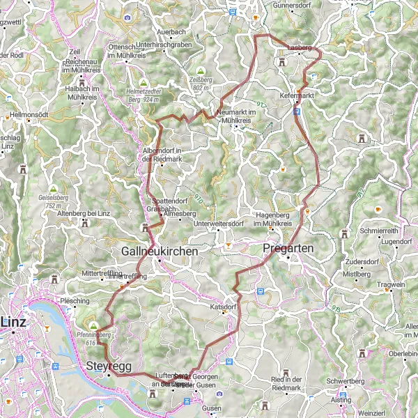 Miniatua del mapa de inspiración ciclista "Aventura en Gravel por Pfenningberg y Luftenberg" en Oberösterreich, Austria. Generado por Tarmacs.app planificador de rutas ciclistas
