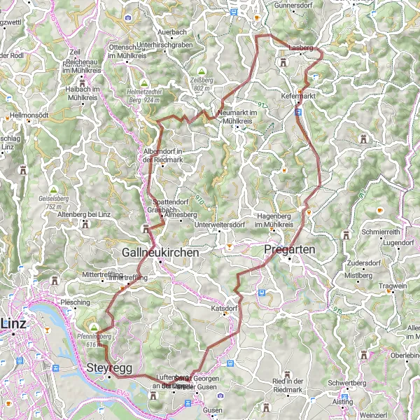 Miniatuurkaart van de fietsinspiratie "Gravel Avontuur van Steyregg" in Oberösterreich, Austria. Gemaakt door de Tarmacs.app fietsrouteplanner