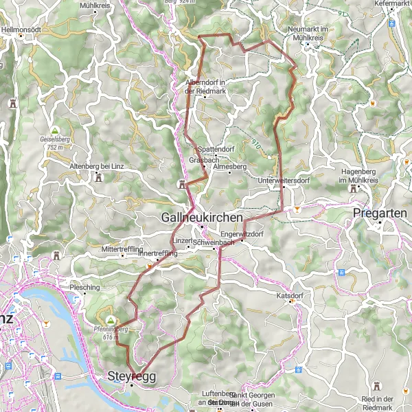 Map miniature of "Steyregg Gravel Adventure" cycling inspiration in Oberösterreich, Austria. Generated by Tarmacs.app cycling route planner