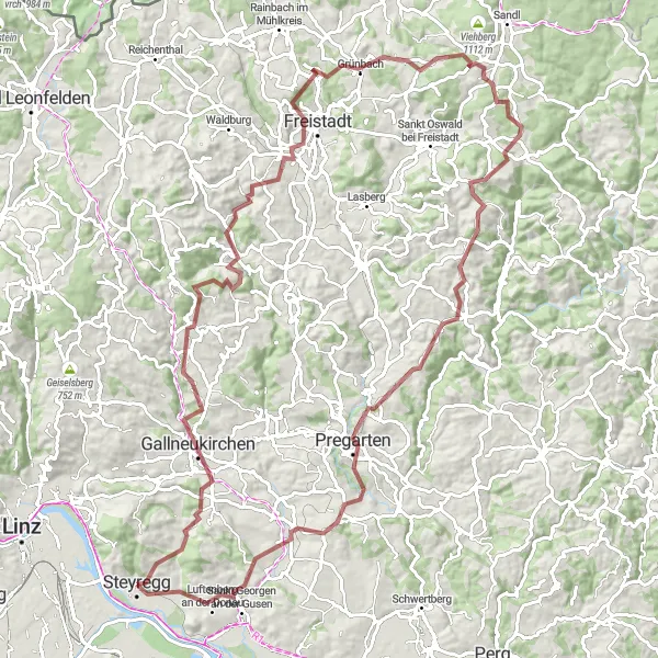 Miniatua del mapa de inspiración ciclista "Ruta de ciclismo de grava a Freistadt y Gutau" en Oberösterreich, Austria. Generado por Tarmacs.app planificador de rutas ciclistas