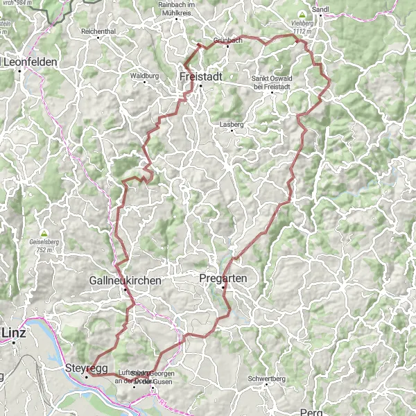 Miniaturní mapa "106km gravelová trasa okolo Steyreggu" inspirace pro cyklisty v oblasti Oberösterreich, Austria. Vytvořeno pomocí plánovače tras Tarmacs.app