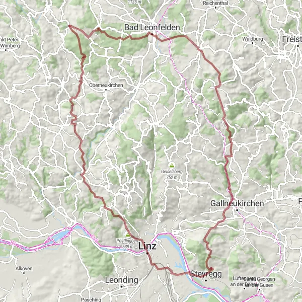 Miniatura della mappa di ispirazione al ciclismo "Giro in Gravel di Linz a Steyregg" nella regione di Oberösterreich, Austria. Generata da Tarmacs.app, pianificatore di rotte ciclistiche