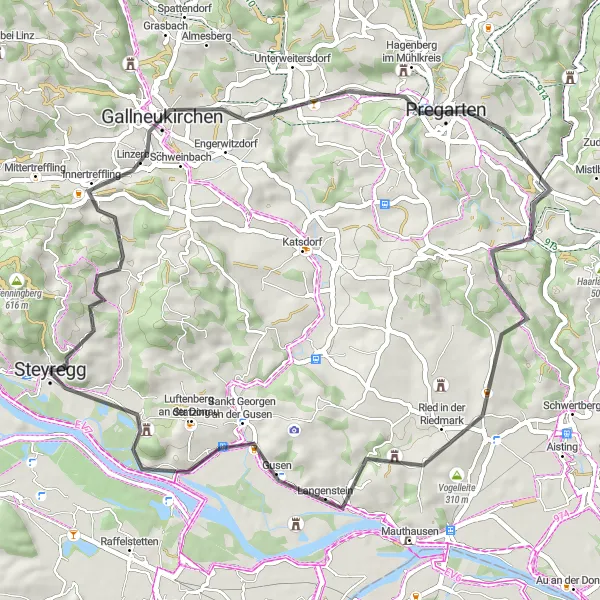 Map miniature of "Steyregg - Unterweitersdorf - Teufelskanzel - Steyregg" cycling inspiration in Oberösterreich, Austria. Generated by Tarmacs.app cycling route planner