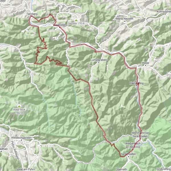 Kartminiatyr av "Grusvei eventyr i Enns-dalen" sykkelinspirasjon i Oberösterreich, Austria. Generert av Tarmacs.app sykkelrutoplanlegger