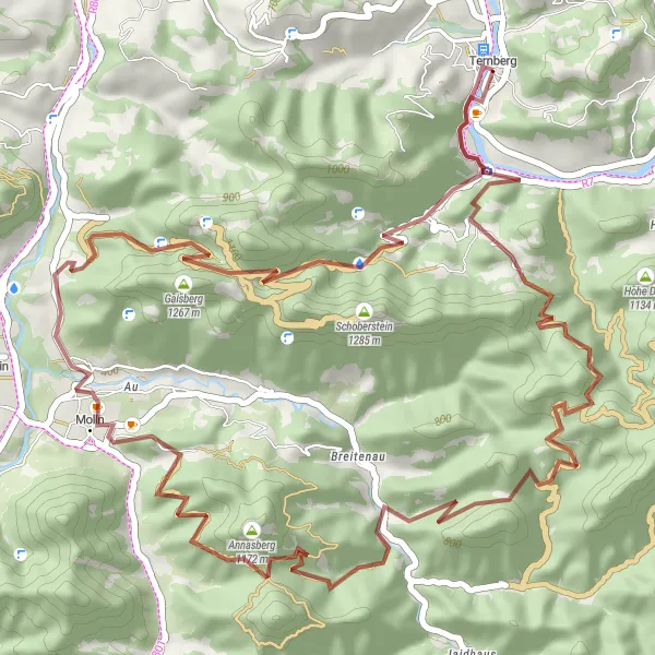 Mapa miniatúra "Okruhová cyklistická trasa Ternberg - Größter Taschenfeitel der Welt - Kreuzmauer - Rehkogel - Annasberg - Molln - Gaisberg - Ternberg" cyklistická inšpirácia v Oberösterreich, Austria. Vygenerované cyklistickým plánovačom trás Tarmacs.app