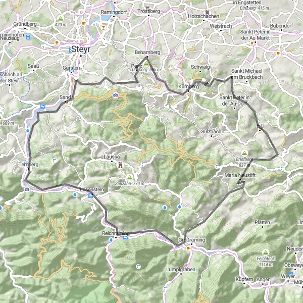 Mapa miniatúra "Road cycling Damberg - Größter Taschenfeitel der Welt" cyklistická inšpirácia v Oberösterreich, Austria. Vygenerované cyklistickým plánovačom trás Tarmacs.app