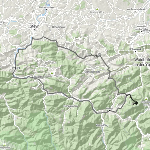 Miniatura della mappa di ispirazione al ciclismo "Scoperta delle montagne della Stiria" nella regione di Oberösterreich, Austria. Generata da Tarmacs.app, pianificatore di rotte ciclistiche