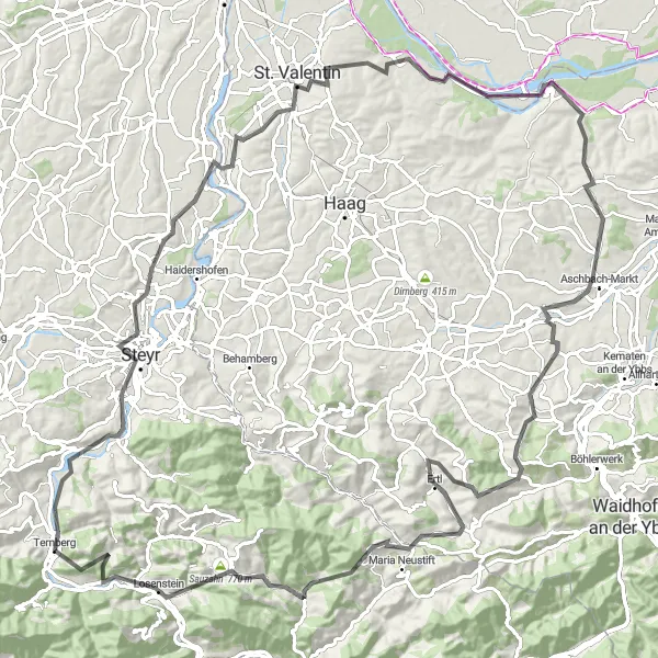 Map miniature of "Steyr Valley Road Loop" cycling inspiration in Oberösterreich, Austria. Generated by Tarmacs.app cycling route planner