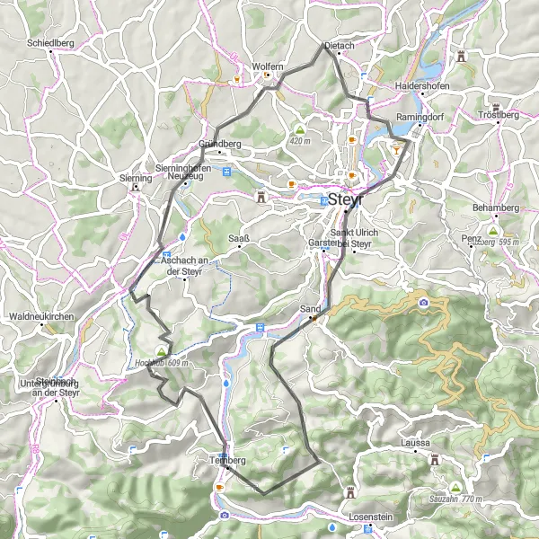 Map miniature of "Hochhub Round-Trip" cycling inspiration in Oberösterreich, Austria. Generated by Tarmacs.app cycling route planner