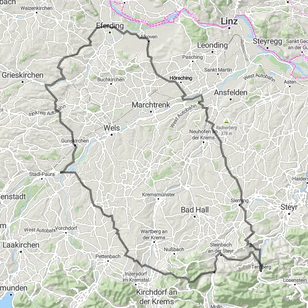 Miniatua del mapa de inspiración ciclista "Ruta en Carretera por Oberösterreich" en Oberösterreich, Austria. Generado por Tarmacs.app planificador de rutas ciclistas