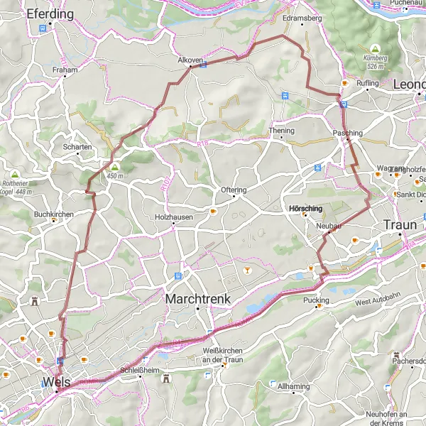 Miniature de la carte de l'inspiration cycliste "Circuit de randonnée gravel par Neustadt et Pasching" dans la Oberösterreich, Austria. Générée par le planificateur d'itinéraire cycliste Tarmacs.app