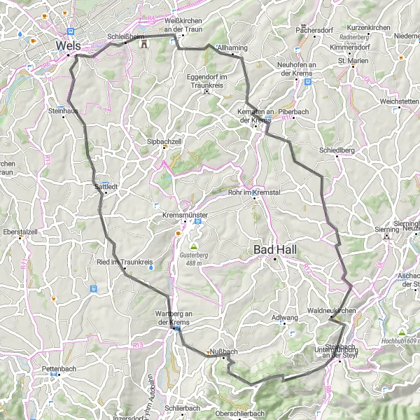 Miniatua del mapa de inspiración ciclista "Ruta Escénica de 77 km en Bicicleta de Carretera con Inicio en Thalheim bei Wels" en Oberösterreich, Austria. Generado por Tarmacs.app planificador de rutas ciclistas
