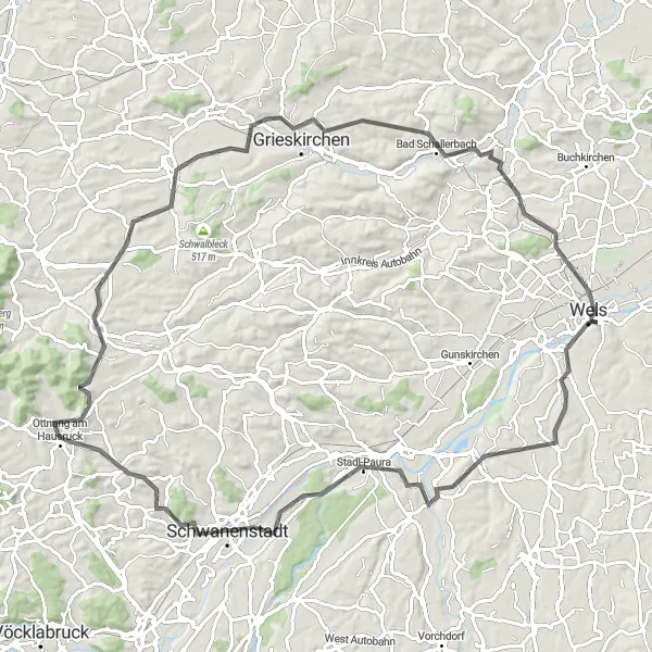 Miniatua del mapa de inspiración ciclista "Ruta Escénica de 93 km en Bicicleta de Carretera cerca de Thalheim bei Wels" en Oberösterreich, Austria. Generado por Tarmacs.app planificador de rutas ciclistas