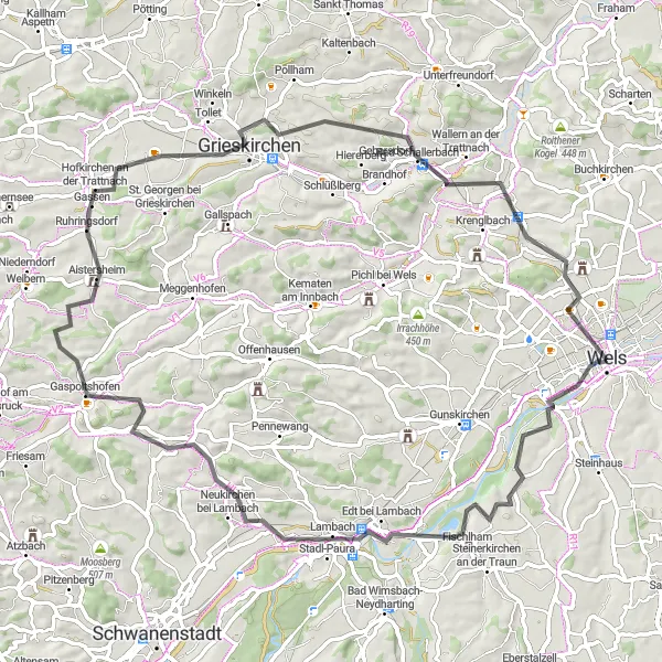 Karttaminiaatyyri "Lambachin lenkki" pyöräilyinspiraatiosta alueella Oberösterreich, Austria. Luotu Tarmacs.app pyöräilyreittisuunnittelijalla