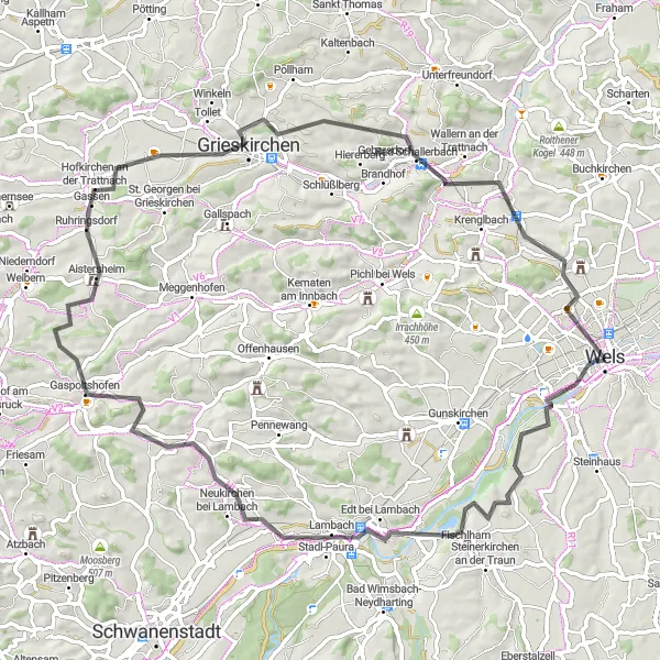 Miniatura della mappa di ispirazione al ciclismo "Tour delle Colline di Wels" nella regione di Oberösterreich, Austria. Generata da Tarmacs.app, pianificatore di rotte ciclistiche