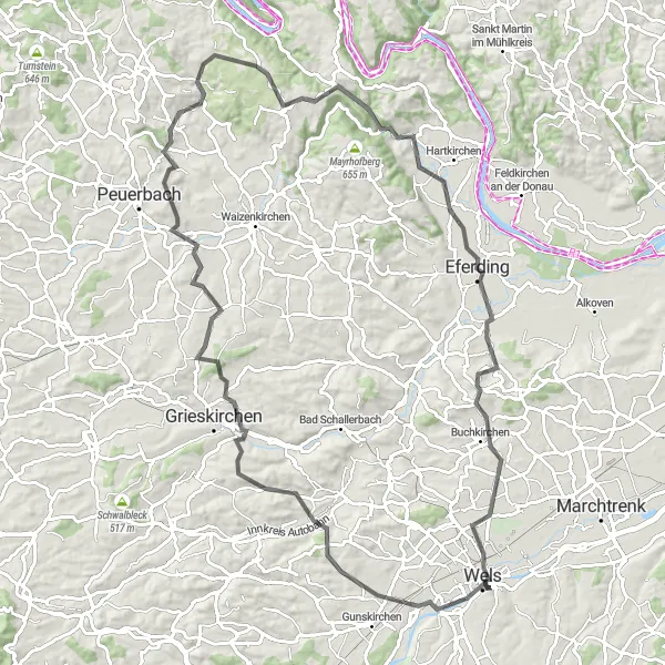 Miniatua del mapa de inspiración ciclista "Emocionante Ruta de 96 km en Bicicleta de Carretera Partiendo de Thalheim bei Wels" en Oberösterreich, Austria. Generado por Tarmacs.app planificador de rutas ciclistas
