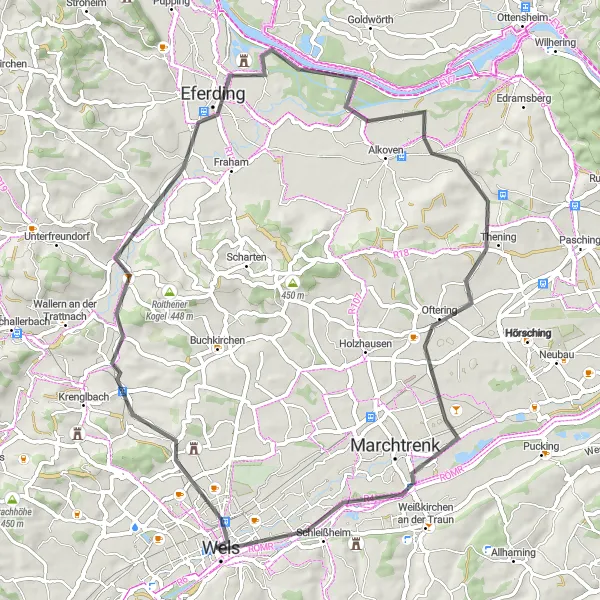 Miniatua del mapa de inspiración ciclista "Ruta por carretera a Eferding y Marienwarte" en Oberösterreich, Austria. Generado por Tarmacs.app planificador de rutas ciclistas