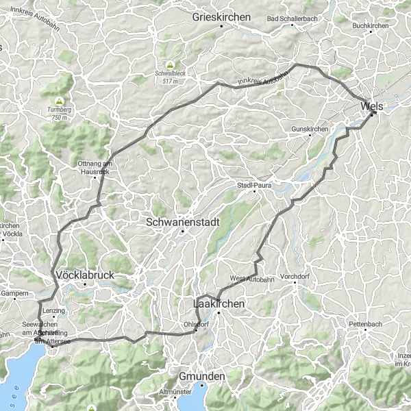Miniatua del mapa de inspiración ciclista "Ruta de ciclismo de carretera Thalheim bei Wels - Wels por el lago Atter" en Oberösterreich, Austria. Generado por Tarmacs.app planificador de rutas ciclistas