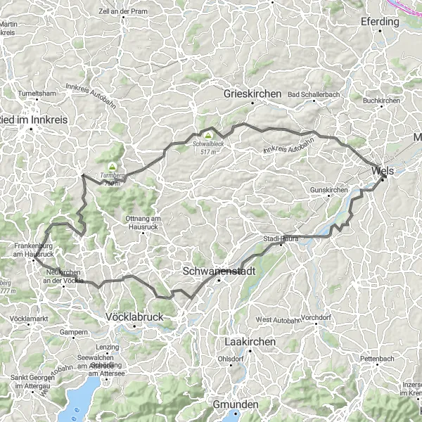 Miniature de la carte de l'inspiration cycliste "Boucle à travers le Hausruckwald" dans la Oberösterreich, Austria. Générée par le planificateur d'itinéraire cycliste Tarmacs.app