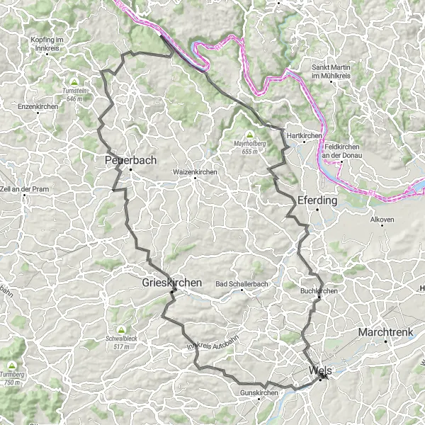 Miniatura della mappa di ispirazione al ciclismo "Rotta delle Cascate e dei Villaggi" nella regione di Oberösterreich, Austria. Generata da Tarmacs.app, pianificatore di rotte ciclistiche