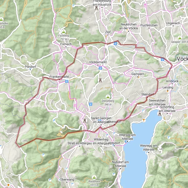 Miniatuurkaart van de fietsinspiratie "Gravelroute door de natuur rondom Timelkam" in Oberösterreich, Austria. Gemaakt door de Tarmacs.app fietsrouteplanner