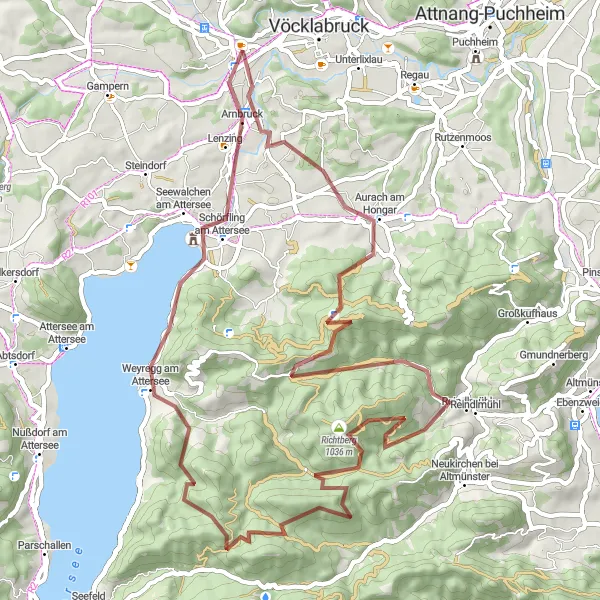 Miniatuurkaart van de fietsinspiratie "Avontuurlijke gravelroute langs de meren van Attersee" in Oberösterreich, Austria. Gemaakt door de Tarmacs.app fietsrouteplanner