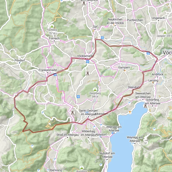 Miniatua del mapa de inspiración ciclista "Ruta Gravel del Attergau" en Oberösterreich, Austria. Generado por Tarmacs.app planificador de rutas ciclistas