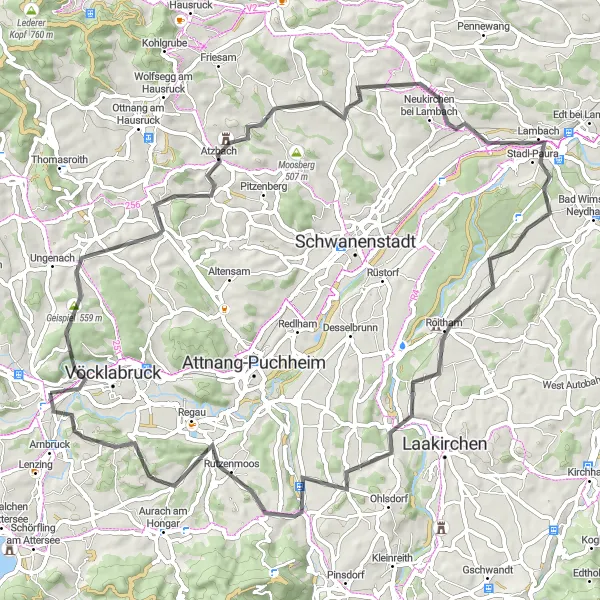 Miniaturní mapa "Trasa Road: Geispiel - Timelkam" inspirace pro cyklisty v oblasti Oberösterreich, Austria. Vytvořeno pomocí plánovače tras Tarmacs.app