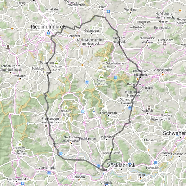 Map miniature of "Hausruck Road Loop" cycling inspiration in Oberösterreich, Austria. Generated by Tarmacs.app cycling route planner