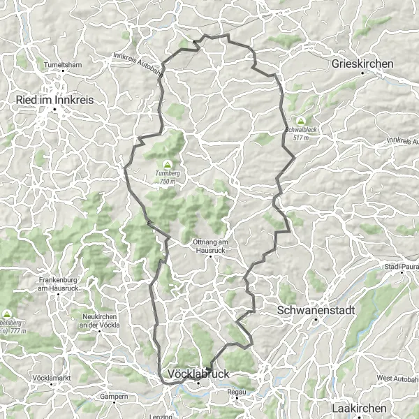 Zemljevid v pomanjšavi "Timelkam - Gaspoltshofen - Timelkam" kolesarske inspiracije v Oberösterreich, Austria. Generirano z načrtovalcem kolesarskih poti Tarmacs.app
