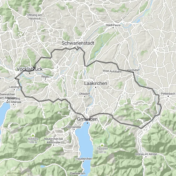 Karttaminiaatyyri "Timelkam - Gmunden - Pichlwang Loop" pyöräilyinspiraatiosta alueella Oberösterreich, Austria. Luotu Tarmacs.app pyöräilyreittisuunnittelijalla