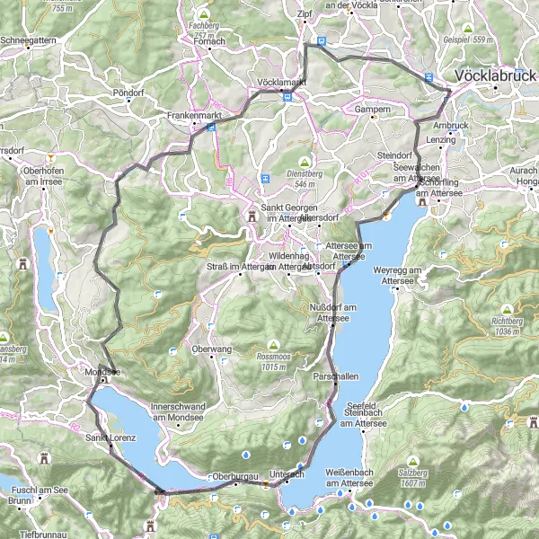 Zemljevid v pomanjšavi "Razgibana kolesarska pot okoli Atterseeja" kolesarske inspiracije v Oberösterreich, Austria. Generirano z načrtovalcem kolesarskih poti Tarmacs.app