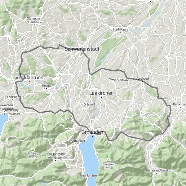 Miniatura della mappa di ispirazione al ciclismo "Giro Panoramico attraverso i Monti dell'Alta Austria" nella regione di Oberösterreich, Austria. Generata da Tarmacs.app, pianificatore di rotte ciclistiche