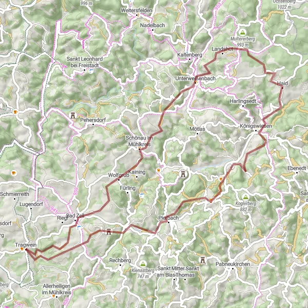 Miniaturní mapa "Gravel Výlet z Tragwein" inspirace pro cyklisty v oblasti Oberösterreich, Austria. Vytvořeno pomocí plánovače tras Tarmacs.app