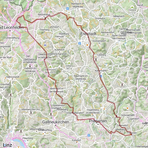 Miniaturní mapa "Gravel Okruh od Tragwein" inspirace pro cyklisty v oblasti Oberösterreich, Austria. Vytvořeno pomocí plánovače tras Tarmacs.app