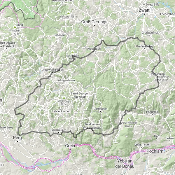 Zemljevid v pomanjšavi "Tragwein - Ascent over the Mühlkreis hills" kolesarske inspiracije v Oberösterreich, Austria. Generirano z načrtovalcem kolesarskih poti Tarmacs.app